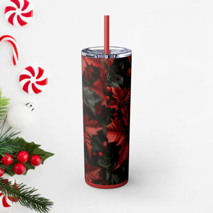 Poinsettia Christmas Skull themed Skinny Tumbler with Straw, 20oz