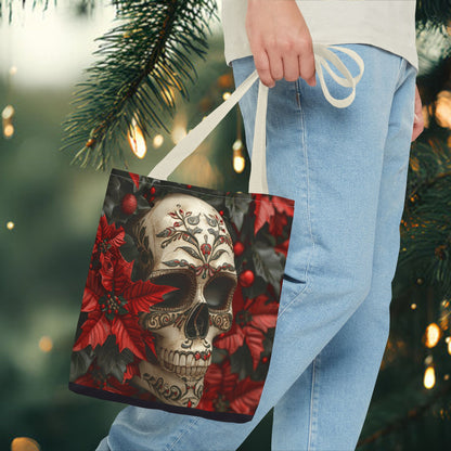 Poinsettia Skull Christmas and Holiday Tote Bag Perfect for Shopping