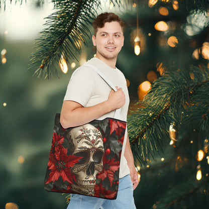 Poinsettia Skull Christmas and Holiday Tote Bag Perfect for Shopping