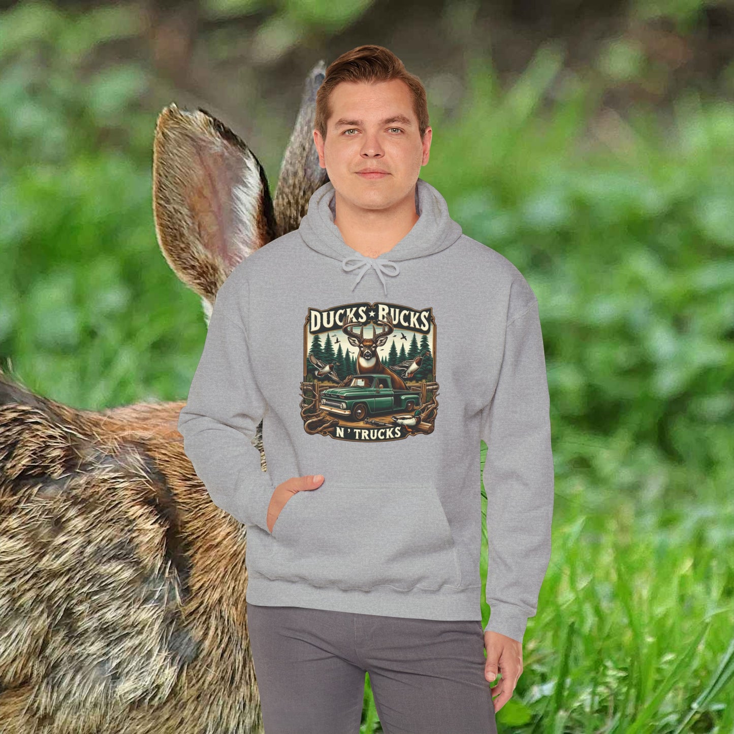 Unisex Heavy Blend™ Hooded Sweatshirt: Ducks, Bucks n' Trucks great for camping