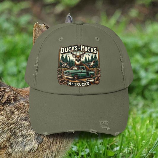 Ducks, Bucks n' Trucks Cotton Twill Unisex Distressed Cap great for camping