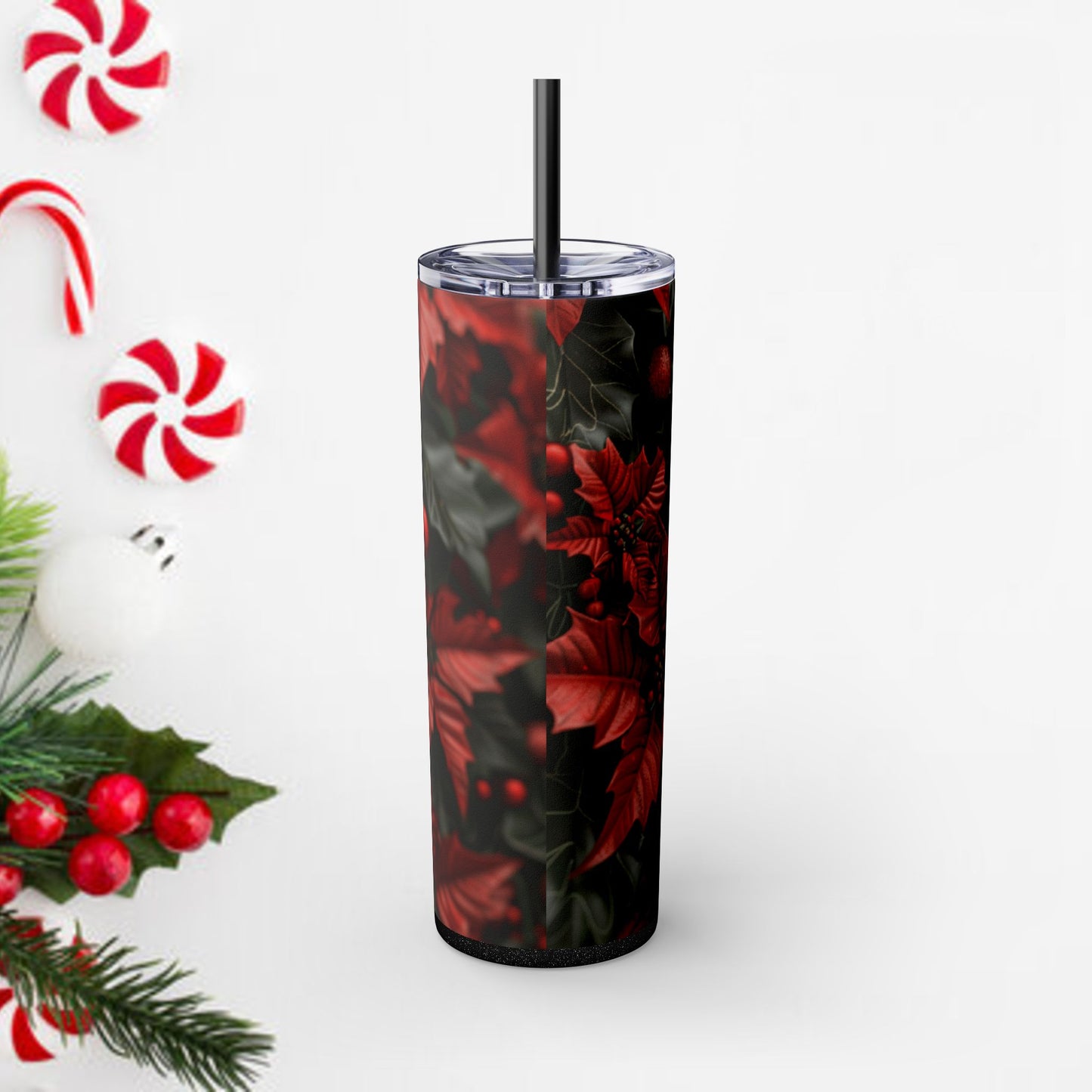 Poinsettia Christmas Skull themed Skinny Tumbler with Straw, 20oz