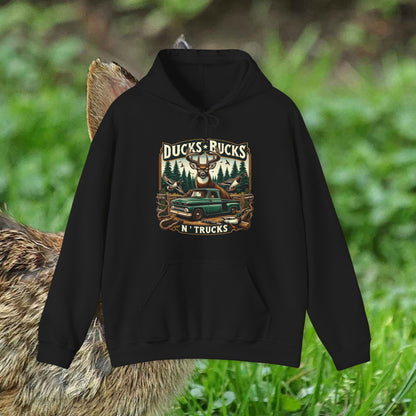 Unisex Heavy Blend™ Hooded Sweatshirt: Ducks, Bucks n' Trucks great for camping