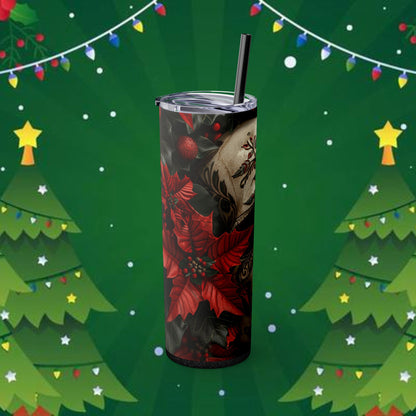 Poinsettia Christmas Skull themed Skinny Tumbler with Straw, 20oz