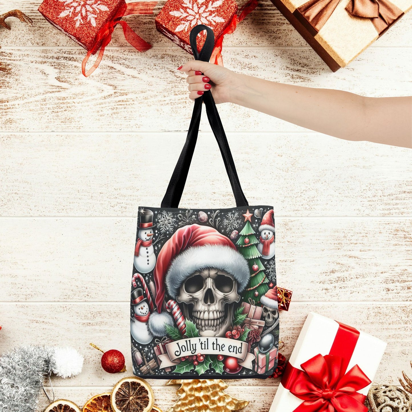 Jolly Til The End Skull Christmas and Holiday Tote Bag Perfect for Shopping