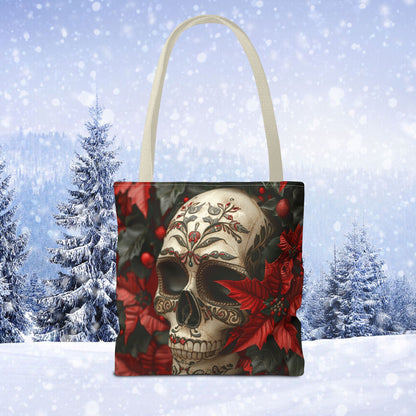 Poinsettia Skull Christmas and Holiday Tote Bag Perfect for Shopping