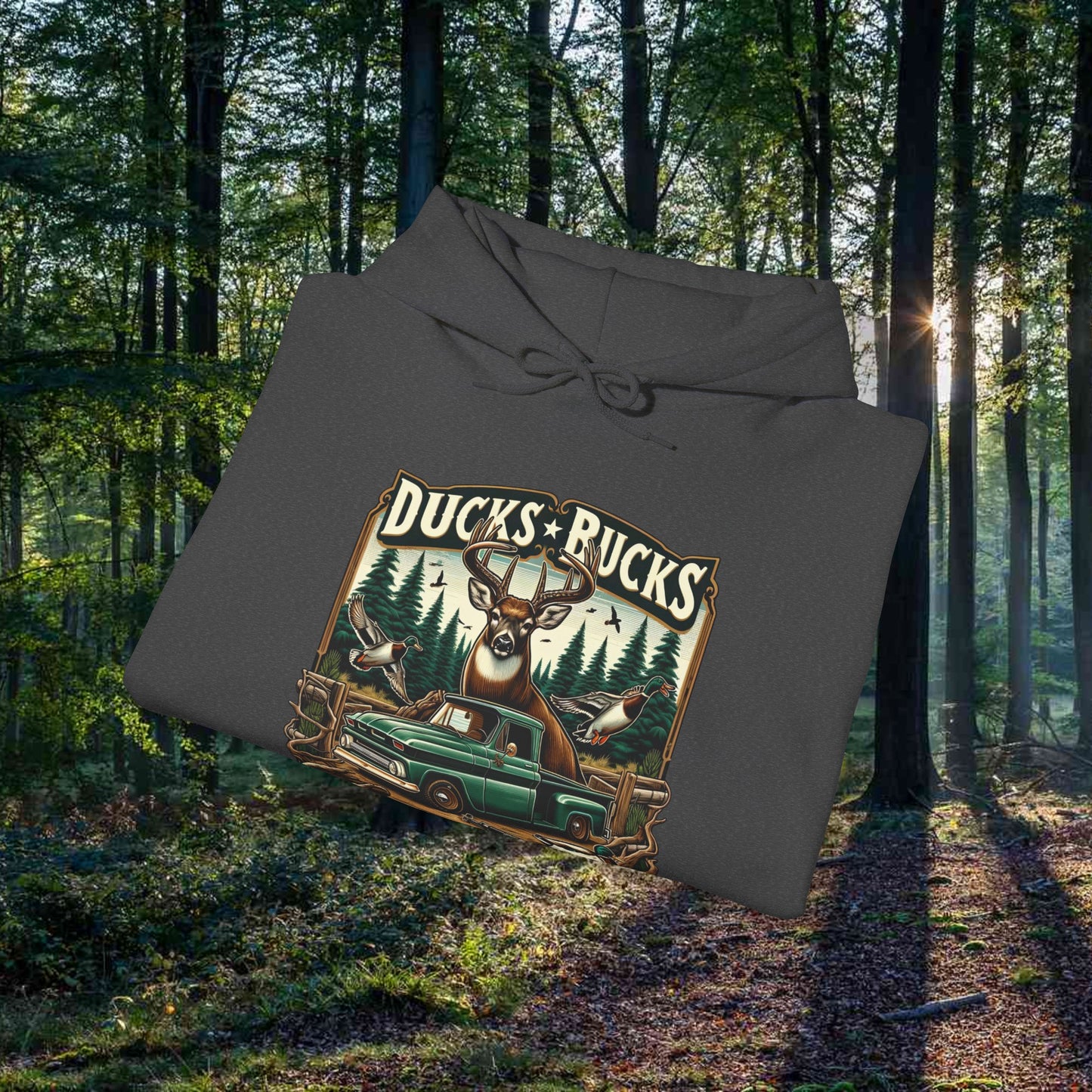 Unisex Heavy Blend™ Hooded Sweatshirt: Ducks, Bucks n' Trucks great for camping