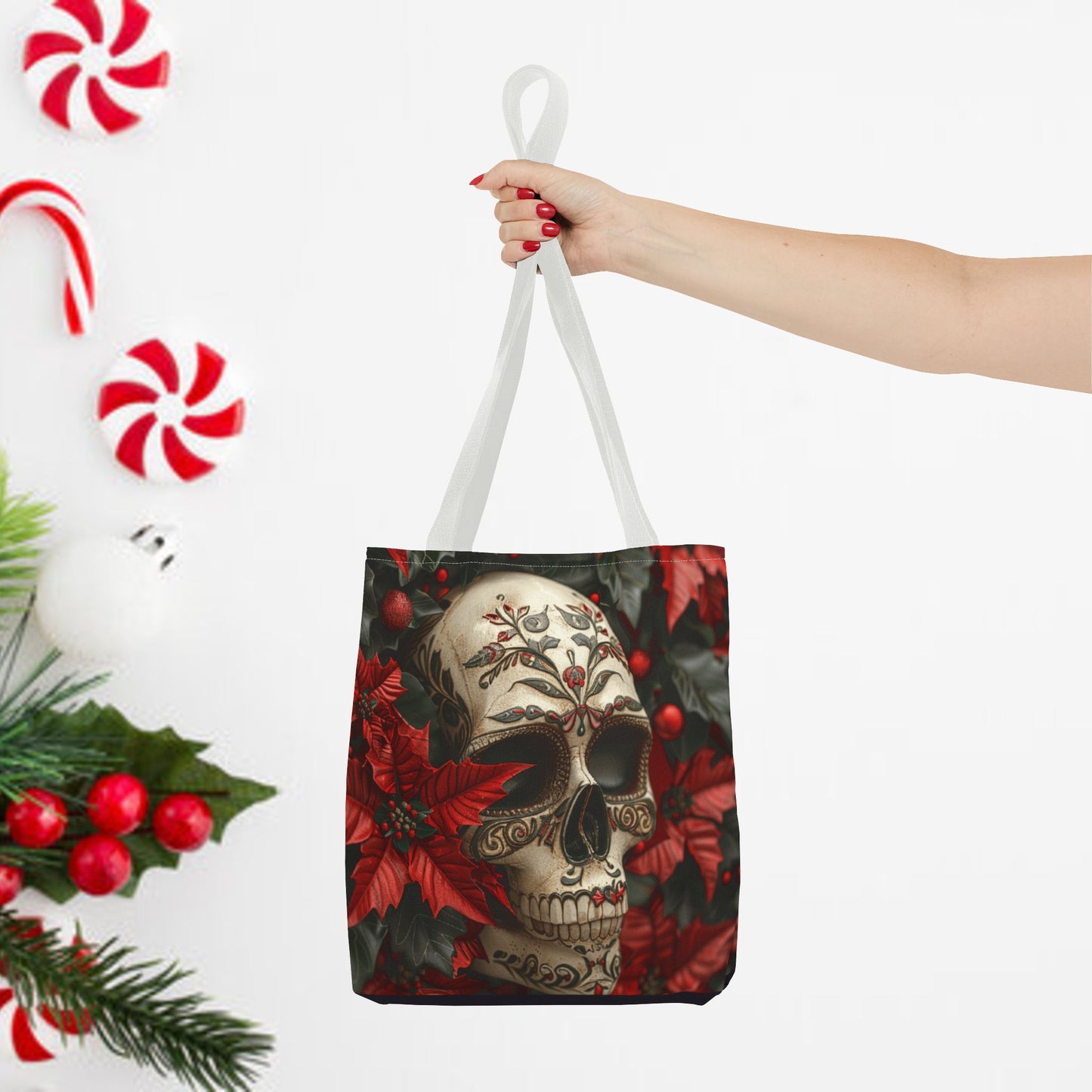 Poinsettia Skull Christmas and Holiday Tote Bag Perfect for Shopping