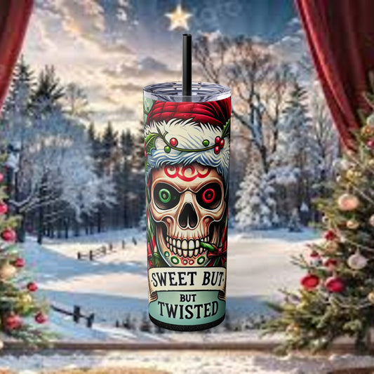 Sweet But Twisted Christmas Skull themed Skinny Tumbler with Straw, 20oz