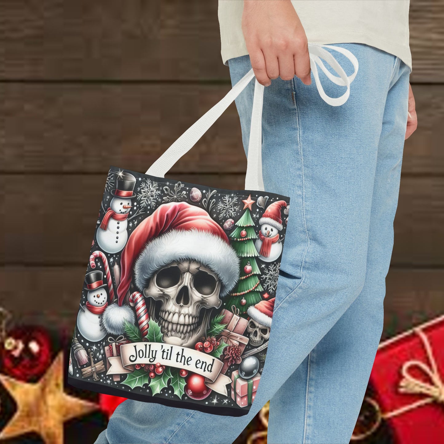 Jolly Til The End Skull Christmas and Holiday Tote Bag Perfect for Shopping