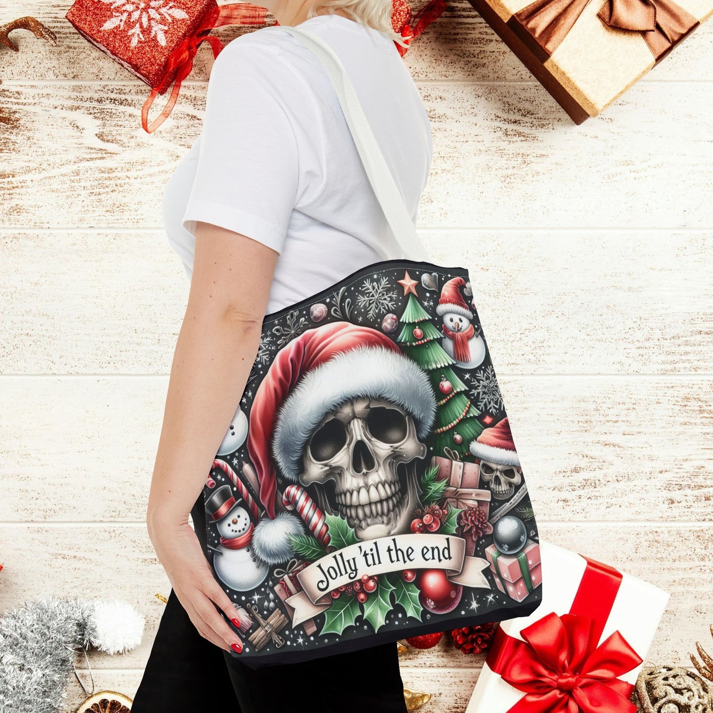 Jolly Til The End Skull Christmas and Holiday Tote Bag Perfect for Shopping