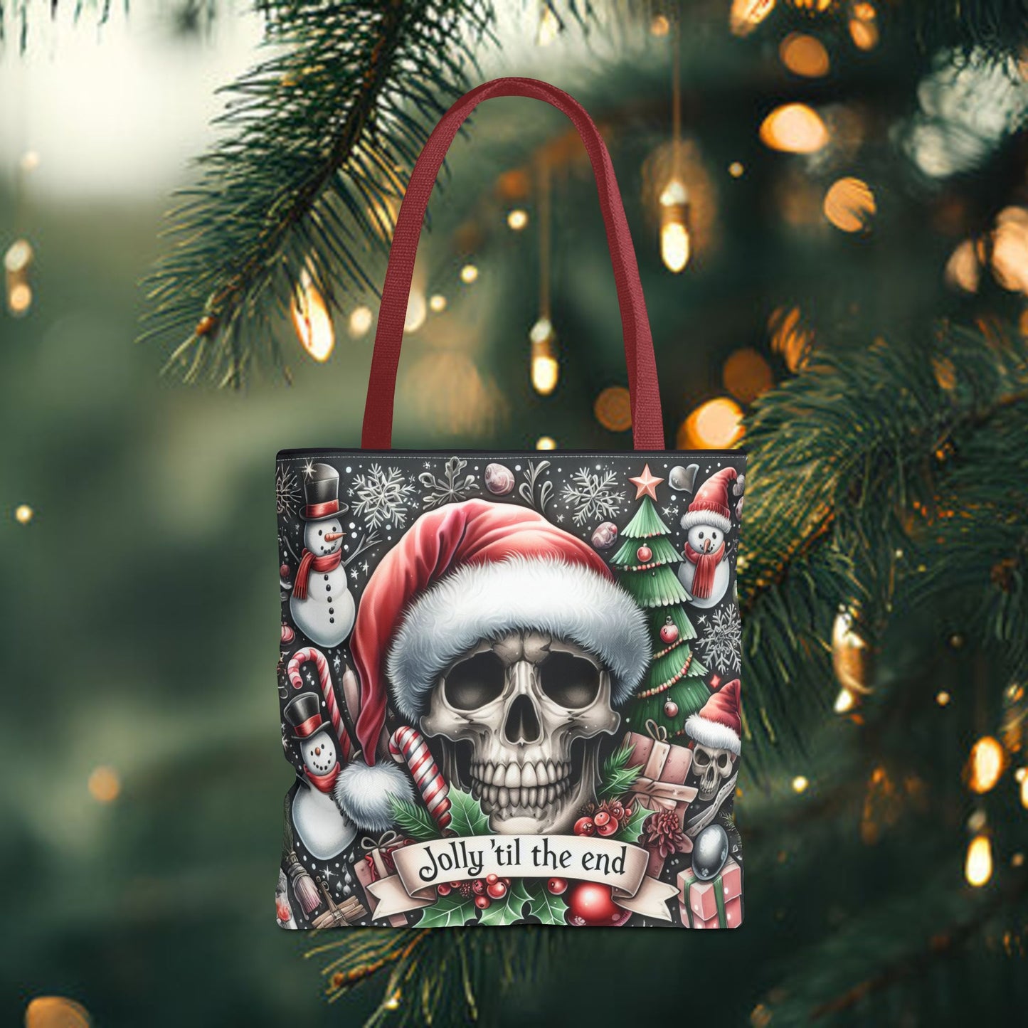 Jolly Til The End Skull Christmas and Holiday Tote Bag Perfect for Shopping