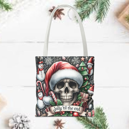 Jolly Til The End Skull Christmas and Holiday Tote Bag Perfect for Shopping