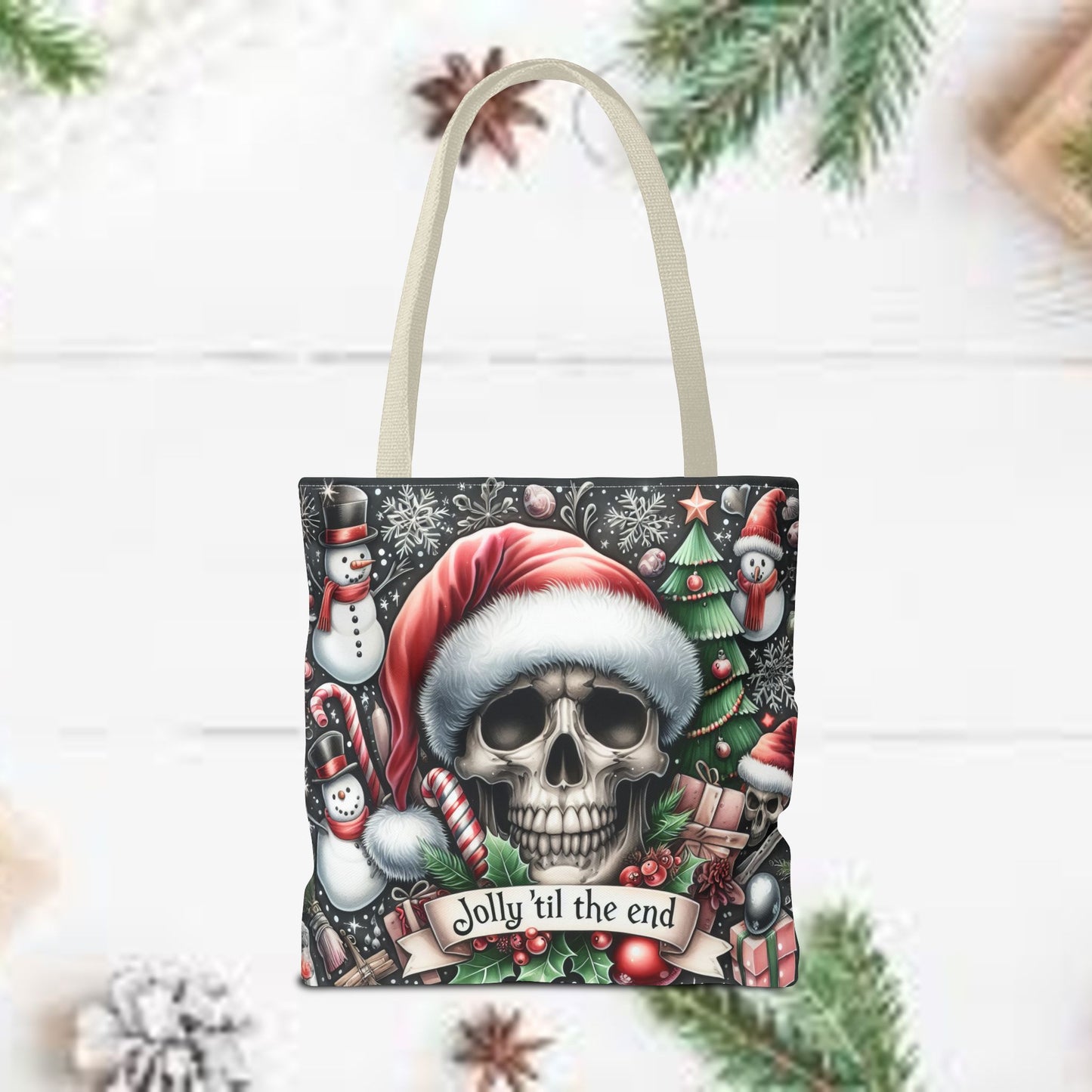 Jolly Til The End Skull Christmas and Holiday Tote Bag Perfect for Shopping