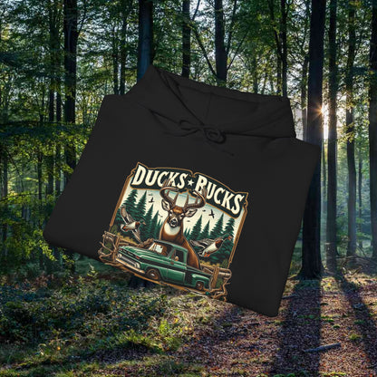 Unisex Heavy Blend™ Hooded Sweatshirt: Ducks, Bucks n' Trucks great for camping