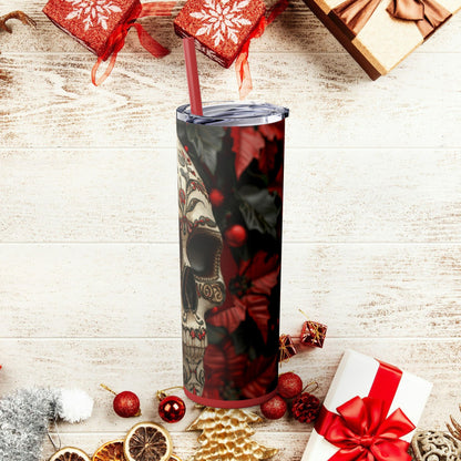 Poinsettia Christmas Skull themed Skinny Tumbler with Straw, 20oz