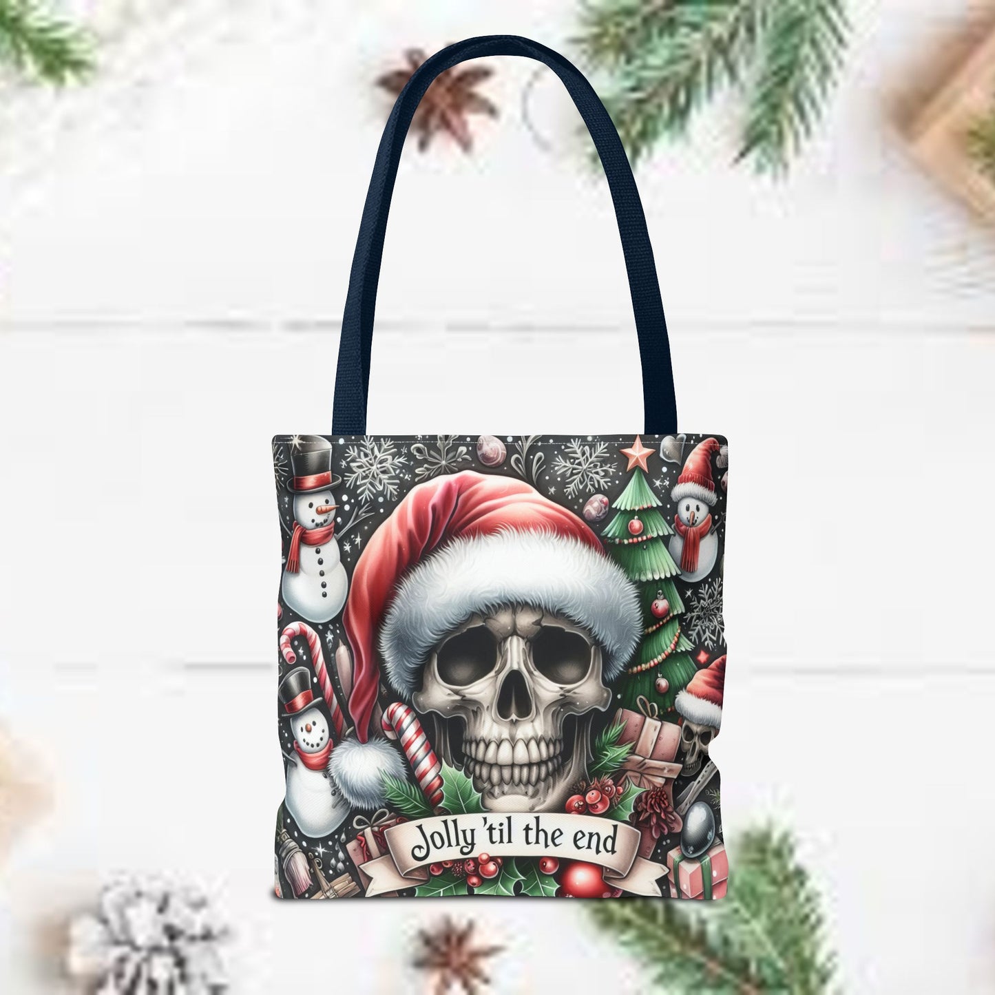 Jolly Til The End Skull Christmas and Holiday Tote Bag Perfect for Shopping