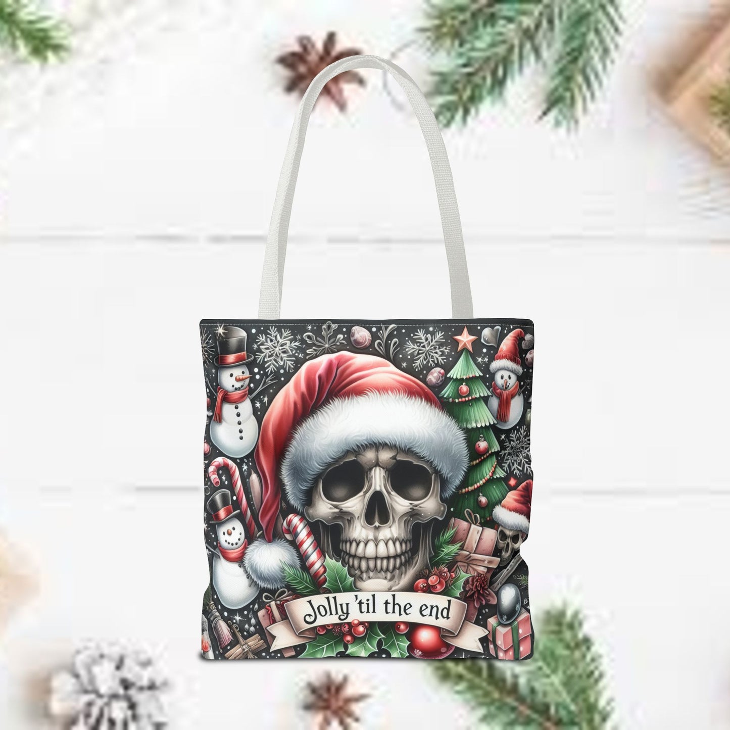 Jolly Til The End Skull Christmas and Holiday Tote Bag Perfect for Shopping