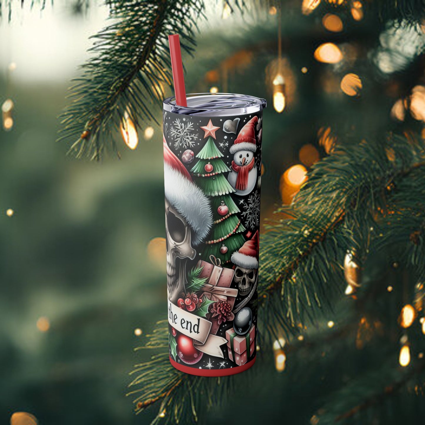 Jolly til the End Christmas Skull themed Skinny Tumbler with Straw, 20oz