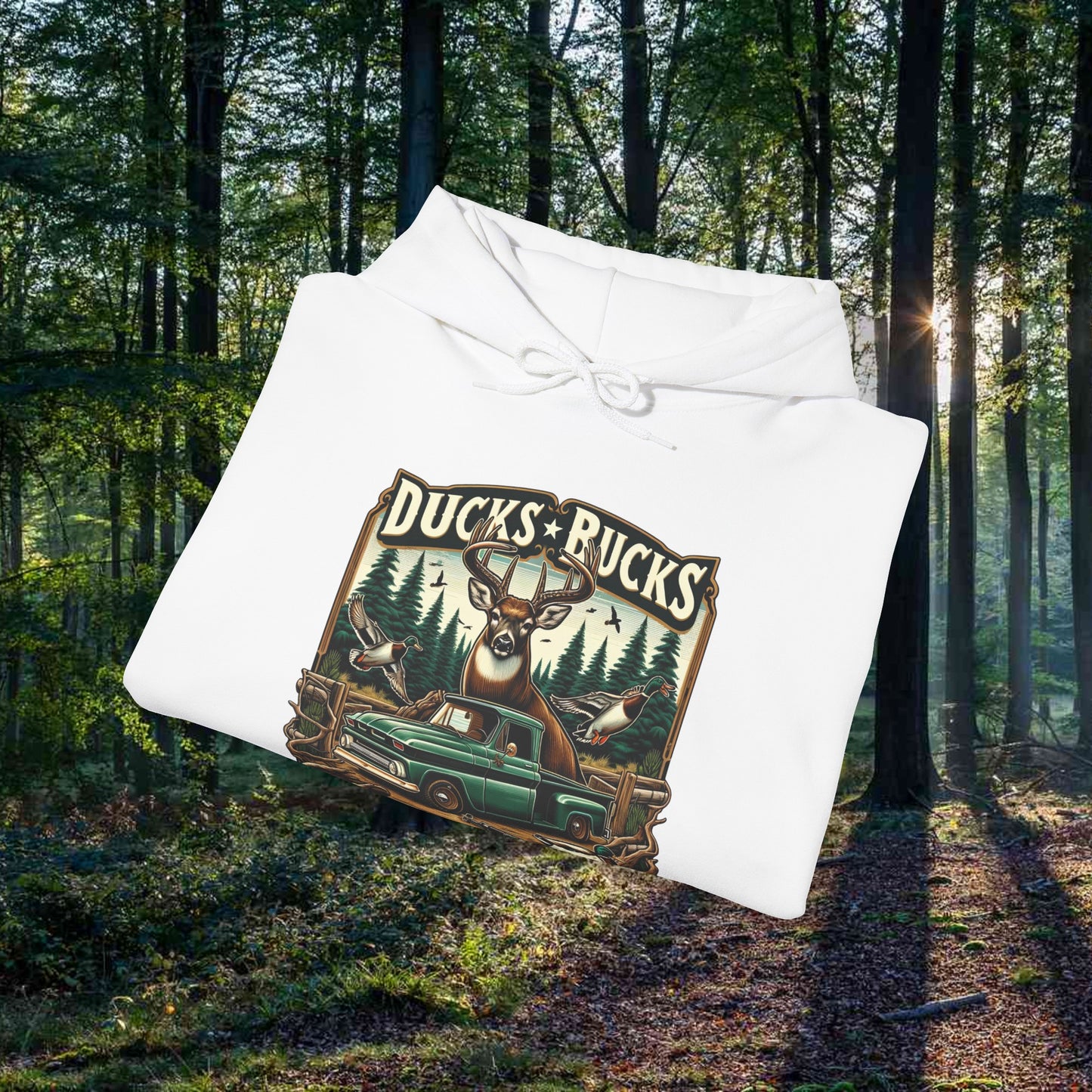 Unisex Heavy Blend™ Hooded Sweatshirt: Ducks, Bucks n' Trucks great for camping